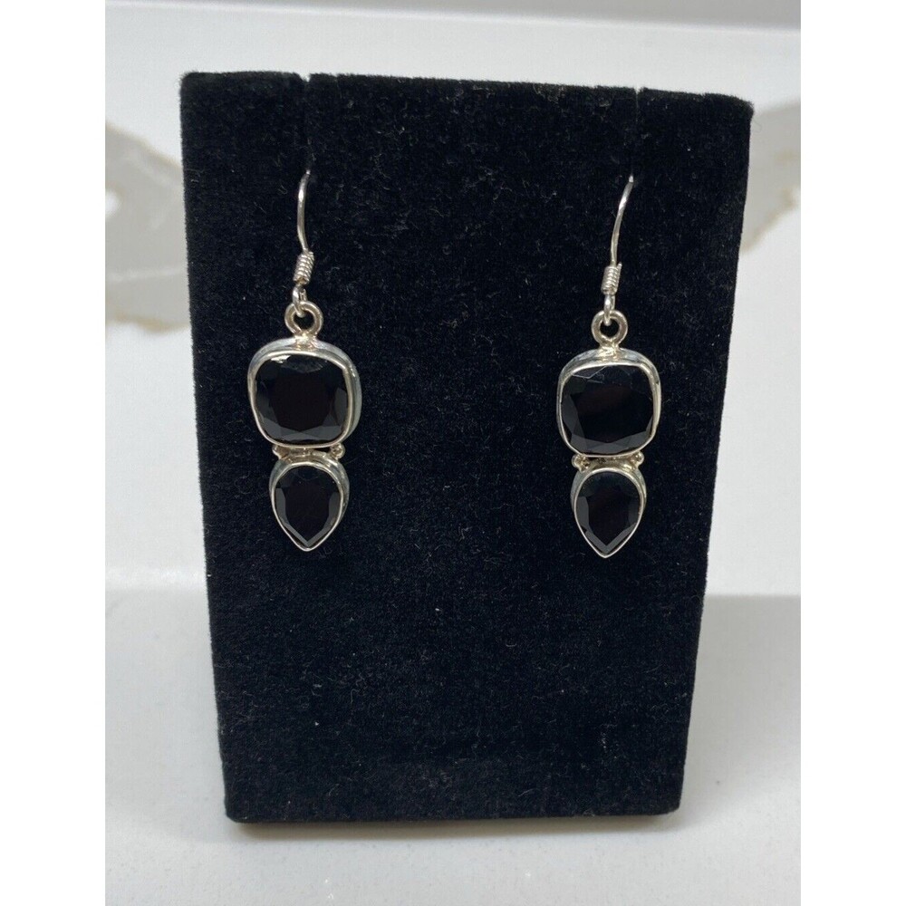 Large Black Onyx Drop Earrings - 925 Sterling Silver